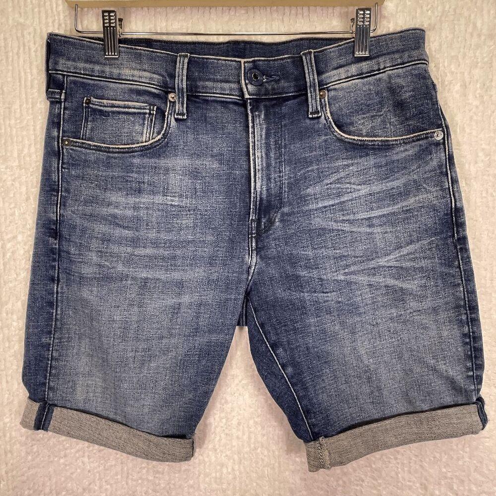 G-Star Raw Blue Mid Rise Distressed Cuffed 3301 Slim Denim Shorts Size 32